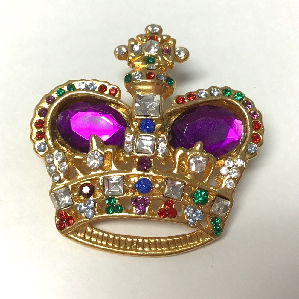 Vintage crown pin rhinestones gold colored amethyst purple green blue brooches